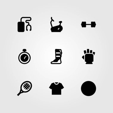 Fitness vektör Icon set. spor salonu eldiven, halter, sabit Bisiklet ve Chronometre