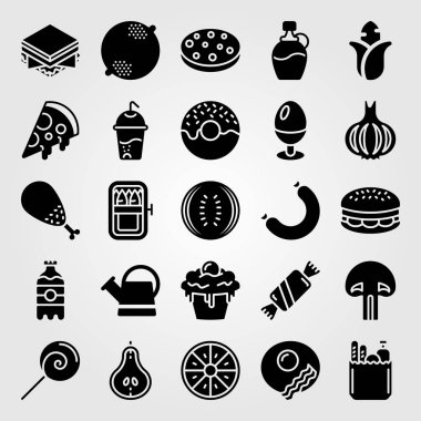 Yiyecek ve içecekler simge vektör ayarlayın. meşrubat, lolipop, armut ve sarımsak
