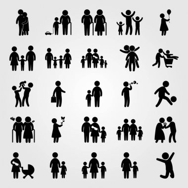 İnsanlar Icon set vektör. Çift, çiçekler, kelebekler ve kadın kızla veren adam