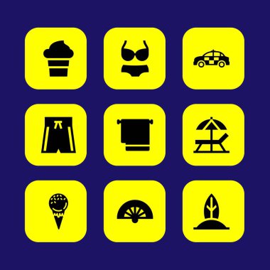 Yaz aylarında vektör Icon set. havlu, fan, sörf ve bikini