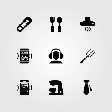 Alışveriş vektör Icon set. çıkarıcı başlık, kravat, çatal bıçak takımı ve kulaklıklar