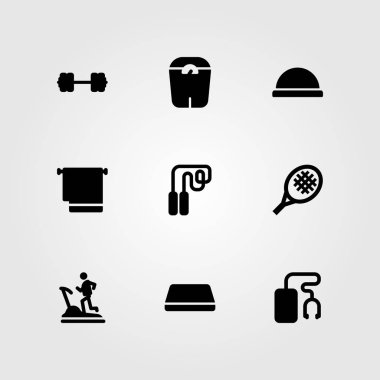 Fitness vektör Icon set. jimnastik minderi, top, halter ve mat
