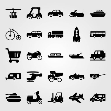 Ulaşım vektör Icon set. Ambulans, roka, alışveriş sepeti ve golf arabası