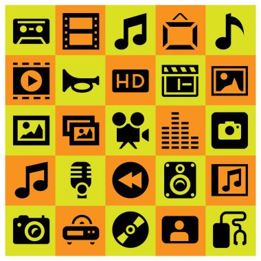 Çoklu ortam simgesini vektör ayarlayın. resim, hoparlör, kompakt disk ve mikrofon