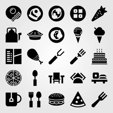 Restoran vektör Icon set. tavuk budu, doğum günü pastası, pasta ve çay Kupası