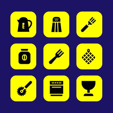Mutfak vektör Icon set. Pizza kesici, havlu, tuzluk ve Kupası
