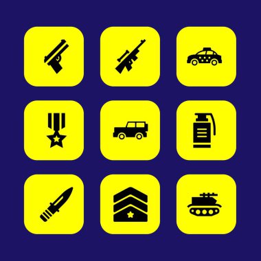 Askeri vektör Icon set. Tank, Araba, madalya ve sırası