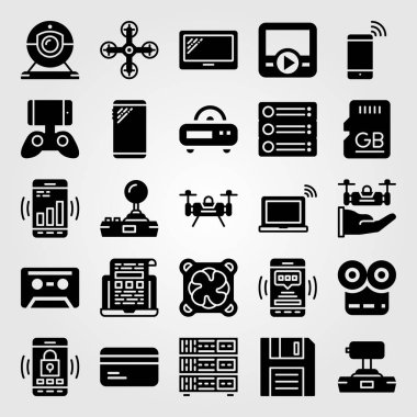 Teknoloji simge vektör ayarlayın. Film oynatıcı, yönlendirici, dizüstü bilgisayar ve bellek