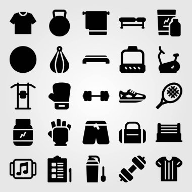 Fitness vektör Icon set. Bisiklet, havlu, yüzük ve müzik oyuncu
