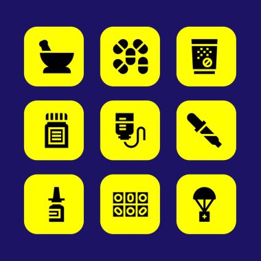 Tıp vektör Icon set. damla sayacı, hap, tıp ve burun spreyi