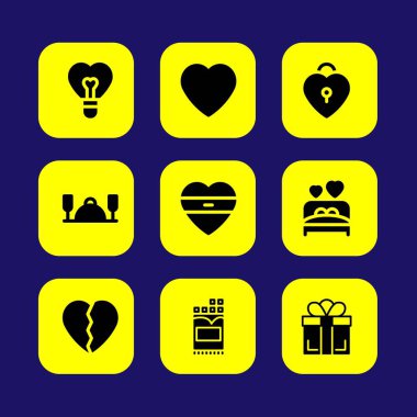 Sevgililer günü vektör Icon set. kırık kalp, kalp, akşam yemeği ve sevgi yatak