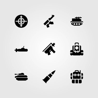 Silah vektör Icon set. Tank, tüfek, denizaltı ve ilk yardım kiti