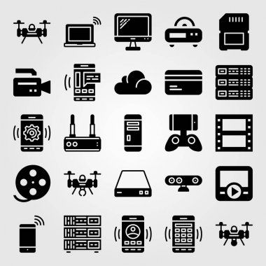 Teknoloji simge vektör ayarlayın. bulut bilgi işlem, sunucu, web kamerası ve pc case