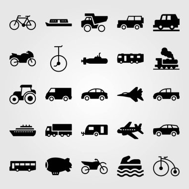 Ulaşım vektör Icon set. Uçak, Bisiklet, damper ve deniz scooter