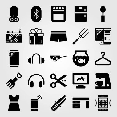 Alışveriş vektör Icon set. monitör, sepeti, çatal ve kaşık