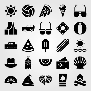 Yaz aylarında vektör Icon set. Pizza, karpuz, jeep ve cankurtaran