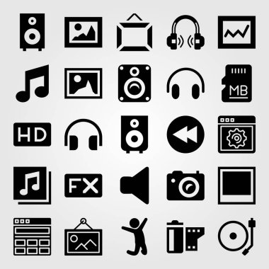 Multimedya vektör Icon set. fotoğraf makinesi, adam, nota ve fx atlama