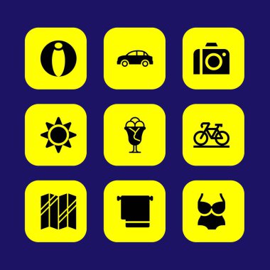 Yaz aylarında vektör Icon set. Mayo, Bisiklet, havlu ve dondurma
