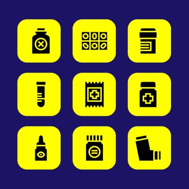 Tıp vektör Icon set. Göz damlaları, yardım, hap ve tüp