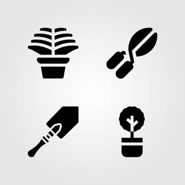 Karanfiller Icon set vektör. bitki, guzmania, kırpma makasları ve kürek