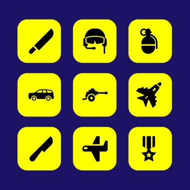 Askeri vektör Icon set. Araba, pilot, uçak ve el bombası