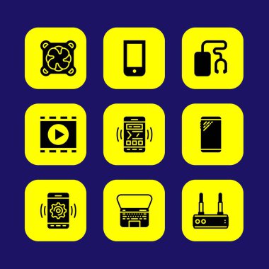 Teknoloji vektör Icon set. akıllı telefon, müzik çalar, yönlendirici ve soğutucu