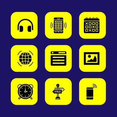 Temel vektör Icon set. kulaklıklar, dünya çapında, çalar saat ve tarayıcı