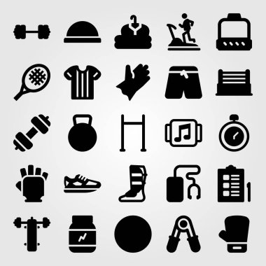 Fitness vektör Icon set. shinpad, spor pantolon, Ayakkabı ve yüzük