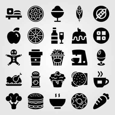 Yiyecek ve içecekler Icon set vektör. pasta, patlamış mısır, haşlanmış yumurta ve portakal