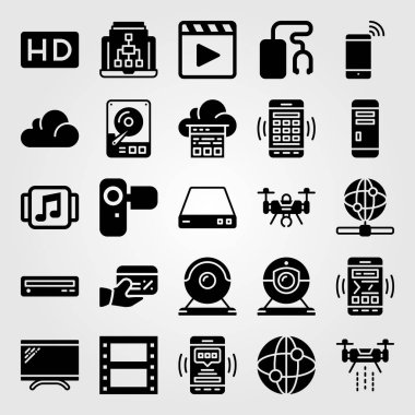 Teknoloji simge vektör ayarlayın. müzik çalar, hd, yönlendirici ve monitör
