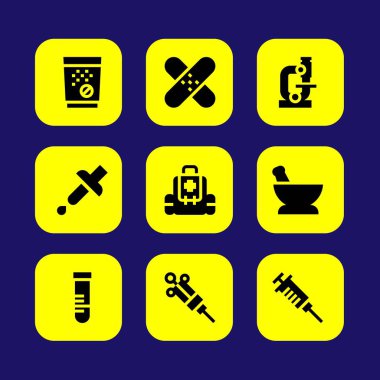 Tıp vektör Icon set. harç, tüp bebek, tüp ve ilk yardım kiti