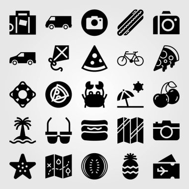 Yaz aylarında vektör Icon set. kiraz, harita, cankurtaran ve bavul