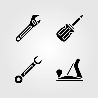 Araçlar Icons set. Vektör çizim ahşap uçak, tornavida, ayarlanabilir anahtarı ve somun anahtarı
