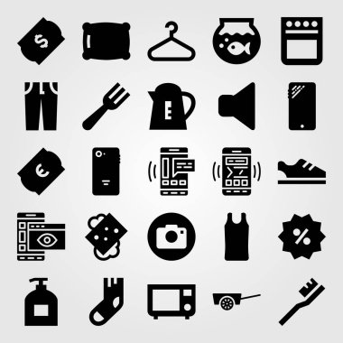 Alışveriş vektör Icon set. çorap, su ısıtıcısı, spor ayakkabı ve akıllı telefon