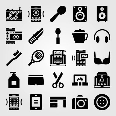 Alışveriş vektör Icon set. Resepsiyon, hoparlör, dizüstü bilgisayar ve tenis raketi