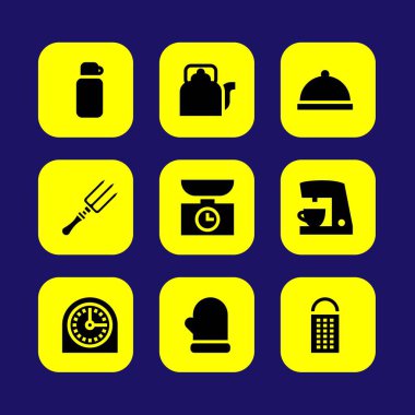 Mutfak vektör Icon set. akşam yemeği, plaka, zamanlayıcı ve termos