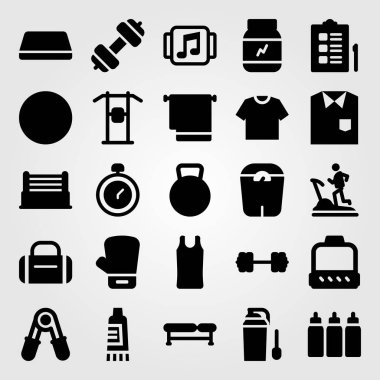 Fitness vektör Icon set. kapsül, gömlek, koşu bandı ve blok