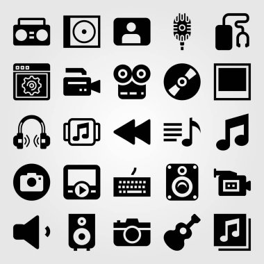 Multimedya vektör Icon set. müzik çalar, fotoğraf makinesi, mikrofon ve quaver