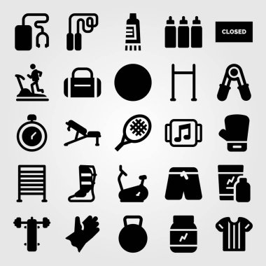 Fitness vektör Icon set. koşu bandı, blok, top ve spor salonu çubukları