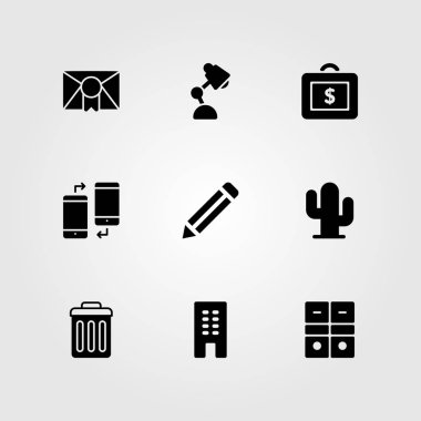 İş vektör Icon set. kalem, evrak çantası, çöp kutusu ve lamba