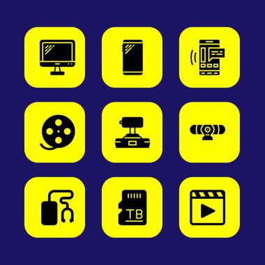 Teknoloji vektör Icon set. Web kamerası, smartphone, film oynatıcı ve sd kart