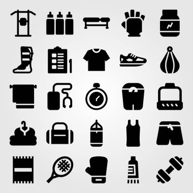 Fitness vektör Icon set. ölçek, boks eldiven, eldiven ve delme