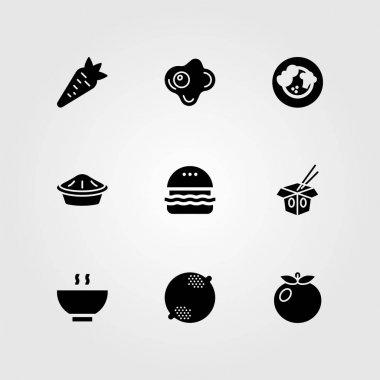 Yiyecek ve içecekler Icon set vektör. çorbası, erişte, pasta ve limon