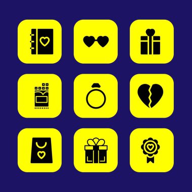 Sevgililer günü vektör Icon set. kalp gözlük, alışveriş çantası, çikolata ve aşk gündem