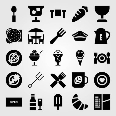 Restoran vektör Icon set. Dondurma, çatal bıçak takımı, şarap ve havuç