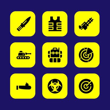 Silah vektör Icon set. Radar, biohazard, denizaltı ve sırt çantası