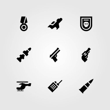 Silah vektör Icon set. kurşun, walkie talkie, helikopter ve roket