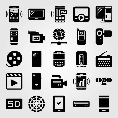 Teknoloji vektör Icon set. telefon, internet, video kamera ve film oyuncu