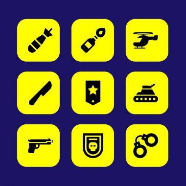 Silah vektör Icon set. kelepçe, helikopter, tabanca ve Molotof kokteyli