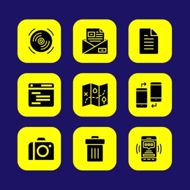 Temel vektör Icon set. dosya, çöp, kompakt disk ve fotoğraf makinesi